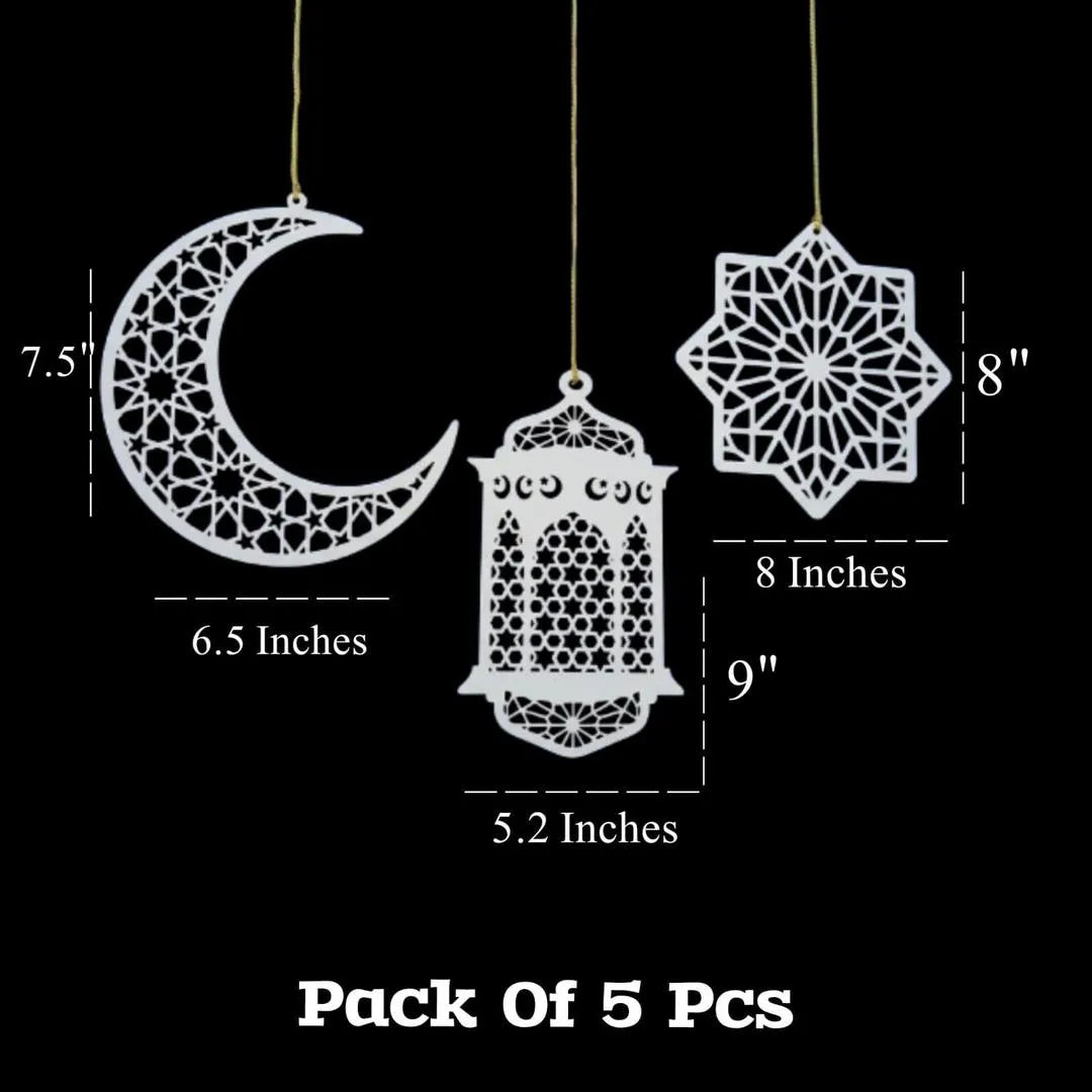 Ramzan Eid Wooden Wall Hanging Set of 5 White Crescent Lanterns Secondary image
