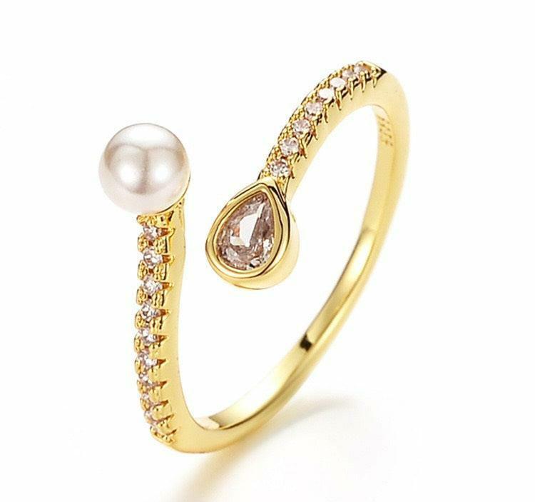 Adjustable Pearl & Crystal Teardrop Ring Gold Plated Main image